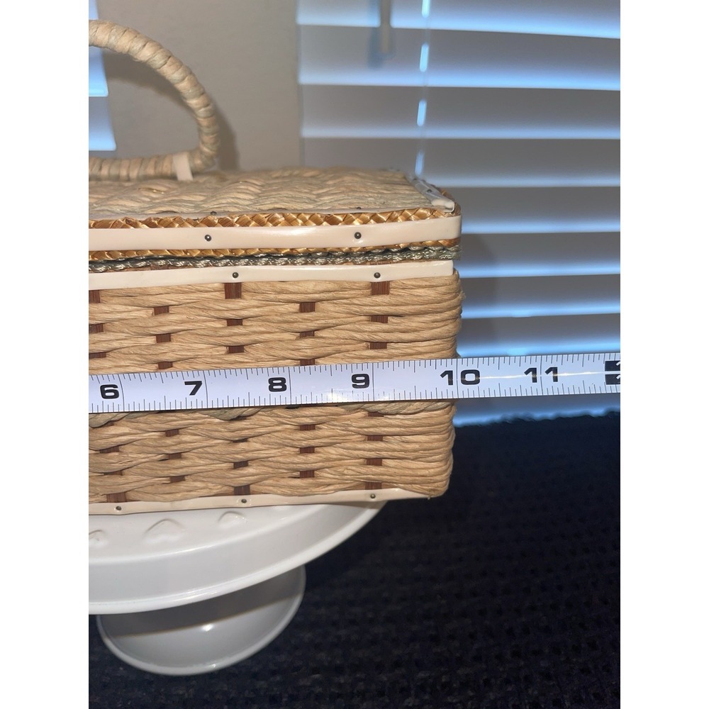 Vintage Wicker Woven Sewing Box Basket Green Satin Ratan 10" Green Tufted Lining - Picture 11 of 14
